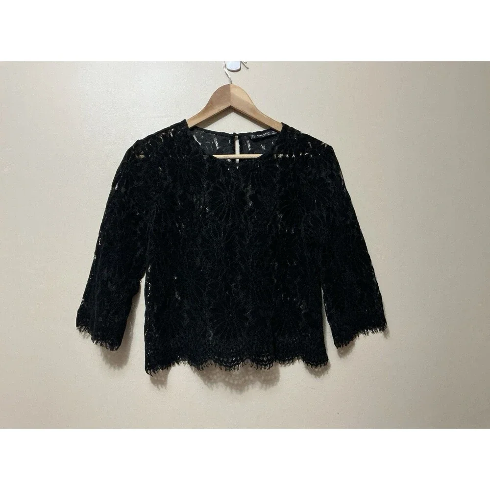 Zara Basic Womens Floral Lace Sheer Top Sm Black Velvet Keyhole Back Whimsygoth